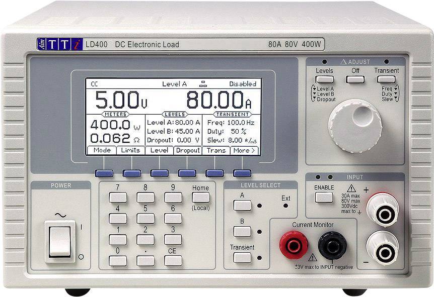 Elektronické zátěžové zařízení s digitálním displejem zobrazuje hodnoty napětí, proudu, výkonové úrovně a různé možnosti regulace.