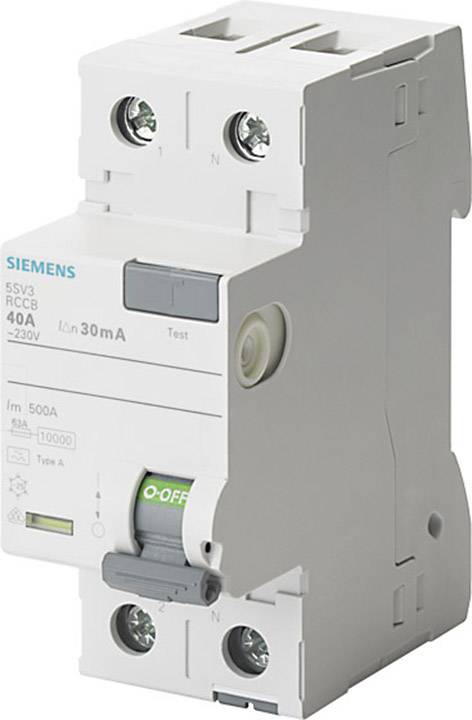 Elektrický proudový chránič s testovací funkcí, jmenovitý proud 40A, reziduální proud 30mA, 500V, od firmy Siemens.