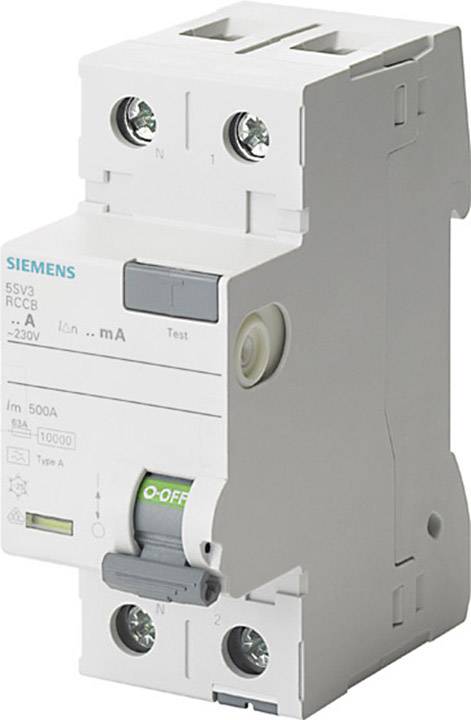 Šedý proudový chránič (FI) od Siemens s přepínačem v poloze 'O-OFF', používaný k ochraně před elektrickým úrazem.