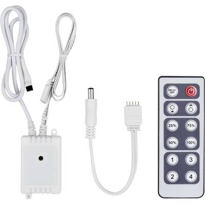 LED kontrolér s dálkovým ovládáním. Dálkový ovladač má tlačítka pro zapnutí/vypnutí, zpoždění a nastavení jasu v rozsahu 25-100%.