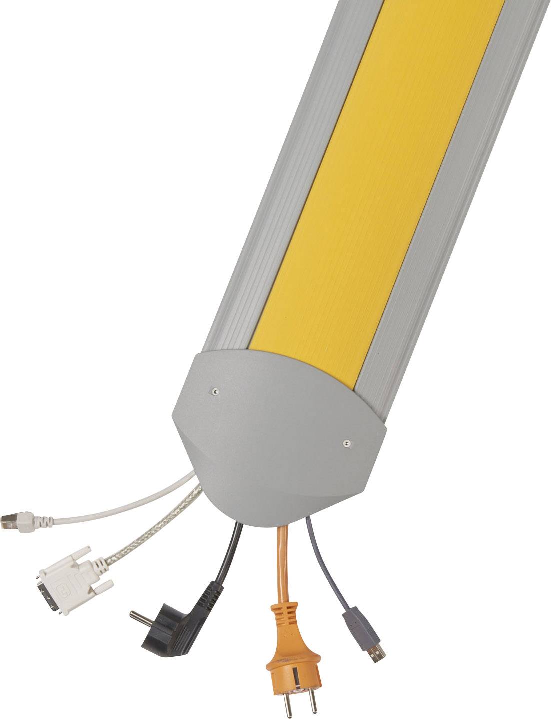 Kabelový kanál s několika kabely: síťový kabel, VGA konektor, napájecí kabel a audio kabel vyčnívají ven.