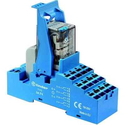 Modré elektrické relé s několika připojovacími body, označené štítkem „finder TYPE 54.P4", vhodné pro 10A 250V, vyrobené v EU.