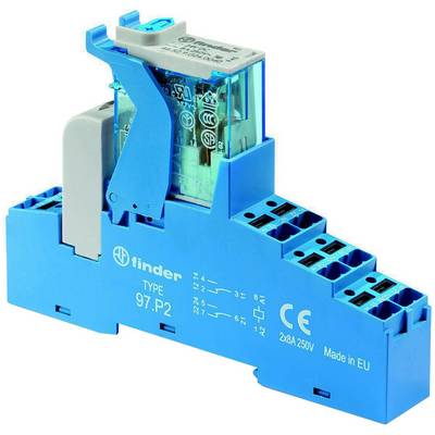 Relé firmy Finder v modrém pouzdře s konektory a průhlednou částí pro elektrické obvody. Produktové štítky jsou viditelné.