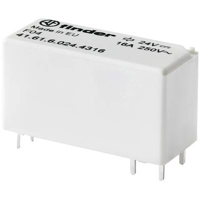 Bílé elektrické relé s potiskem 'Made in EU', 'F04', '24V', '16A 250V', '41.61.6.024.4316', se čtyřmi kovovými kolíky.