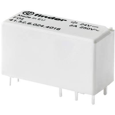 Bílé relé s nápisem '8A 250V~'. Vyrobeno v EU, s označením značky 'finder'. Vhodné pro 24V aplikace.