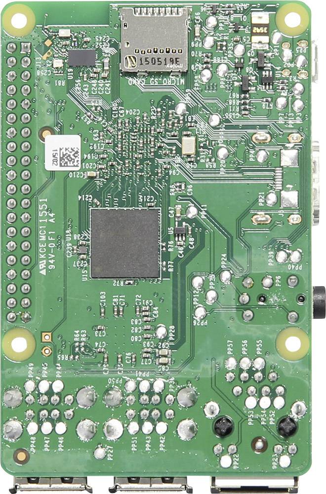 Elektronická deska plošných spojů s různými obvody, čipy a konektory, často používaná v malých počítačových projektech a DIY elektronice.