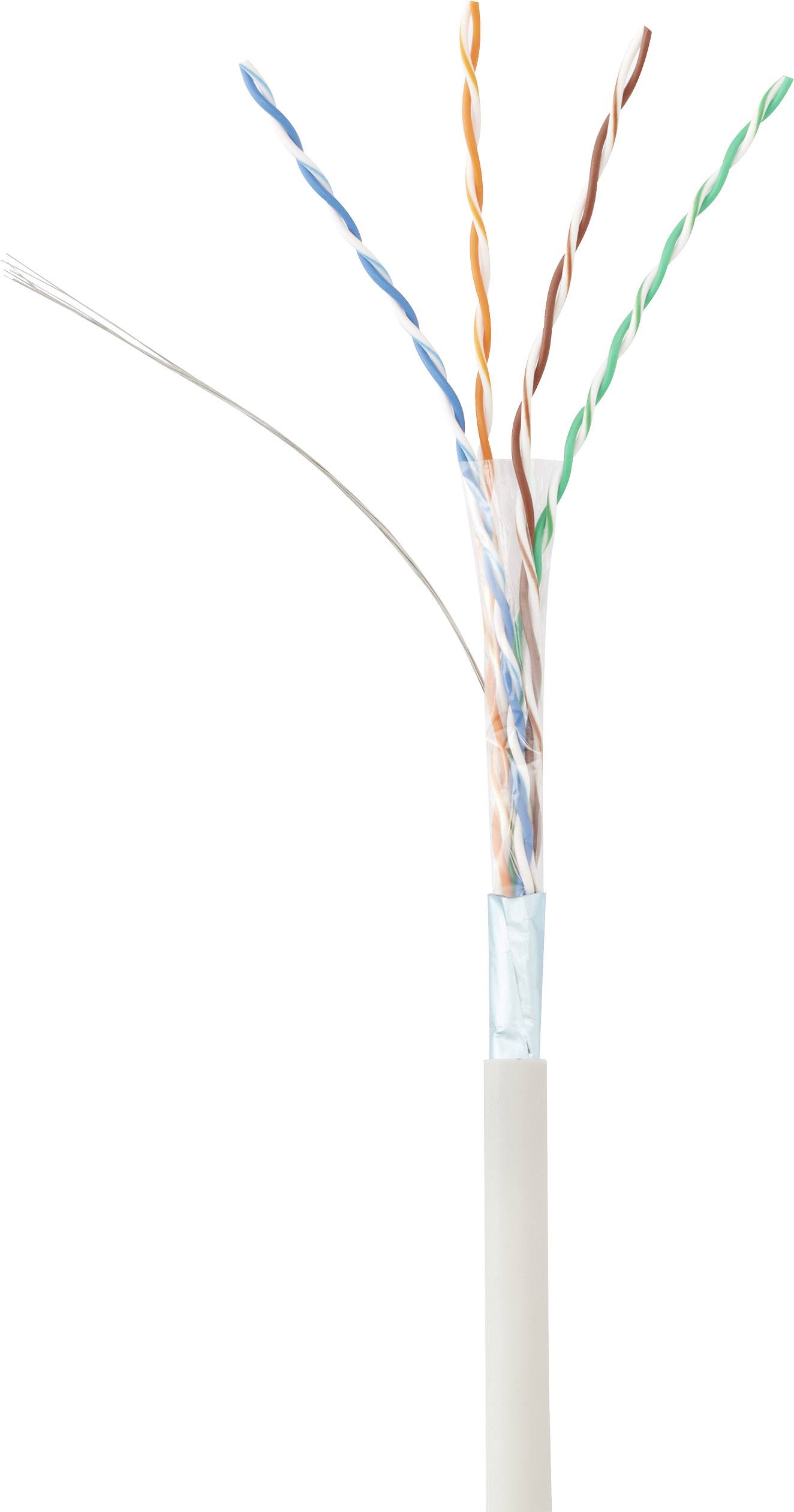 Otevřený ethernetový kabel ukazuje čtyři zkroucené páry drátů v různých barvách: oranžové, zelené, modré a hnědé.