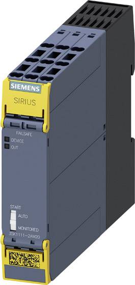 Elektronické zařízení se žlutým označením SIEMENS SIRIUS. Zobrazuje přepínače pro 'START', 'AUTO', 'MONITOROVÁNO' a stavové indikátory.