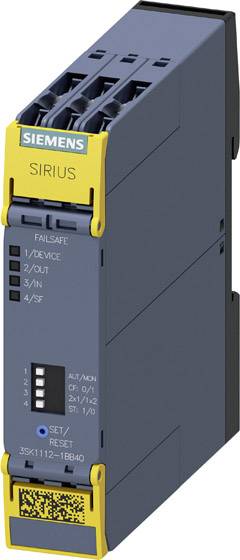 Bezpečnostní relé Siemens SIRIUS; kompaktní, modro-žluté, připojovací svorky nahoře, indikace provozu, resetovací spínač dole.