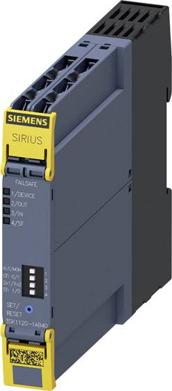 Bezpečnostní reléový modul Siemens SIRIUS, šedý, s žlutým čelem, zobrazuje připojovací svorky a redukované bezpečnostní funkce.