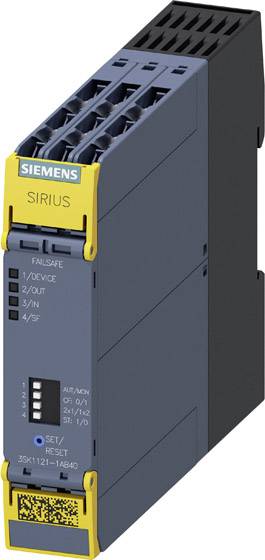 Šedé, obdélníkové elektronické zařízení se žlutými akcenty a nápisem 'SIRIUS'. Několik konektorů nahoře.