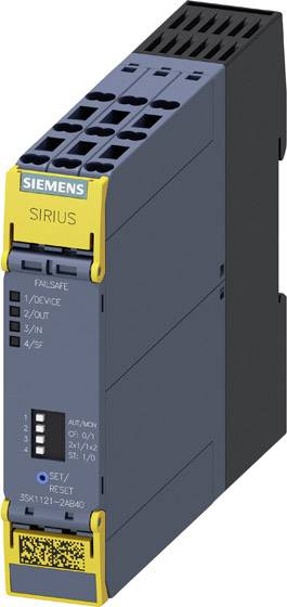Siemens SIRIUS Bezpečnostní modul, průmyslový bezpečnostní modul s několika vstupy a ovládacími prvky pro řízení bezpečnostních funkcí.