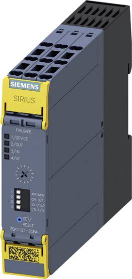 Bezpečnostní relé Siemens SIRIUS v šedé barvě se žlutými akcenty, model 3SK1121-2CB4. Má několik LED diod a konektorů pro bezpečnostní aplikace.