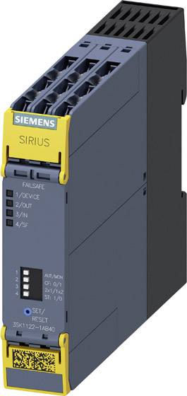 Bezpečnostní reléový modul Siemens Sirius se žlutým a šedým krytem, s několika možnostmi připojení a popisy na čelní straně.