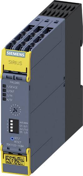 Bezpečnostní modul Siemens SIRIUS se žlutým a šedým krytem. Indikátory a ovládací prvky na přední straně pro bezpečnostní řízení.