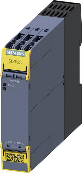 Šedočerný elektronický bezpečnostní reléový modul s žlutou sekcí. Na modulu je nápis 'SIEMENS SIRIUS'.