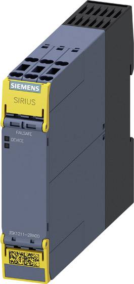 Průmyslový elektronický modul od Siemens s nápisem 'SIRIUS'. Popisy: 'FAILSAFE' a 'DEVICE', zvýrazněné žlutou barvou.