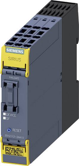 Šedý průmyslový elektronický modul od Siemens s žlutým označením 'SIRIUS', který obsahuje resetovací tlačítko a několik větracích otvorů.