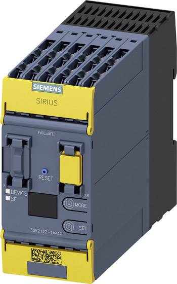 Detailní pohled na bezpečnostní spínač Siemens Sirius s několika přípojkami a ovládacími prvky v žlutých a šedých barevných tónech.
