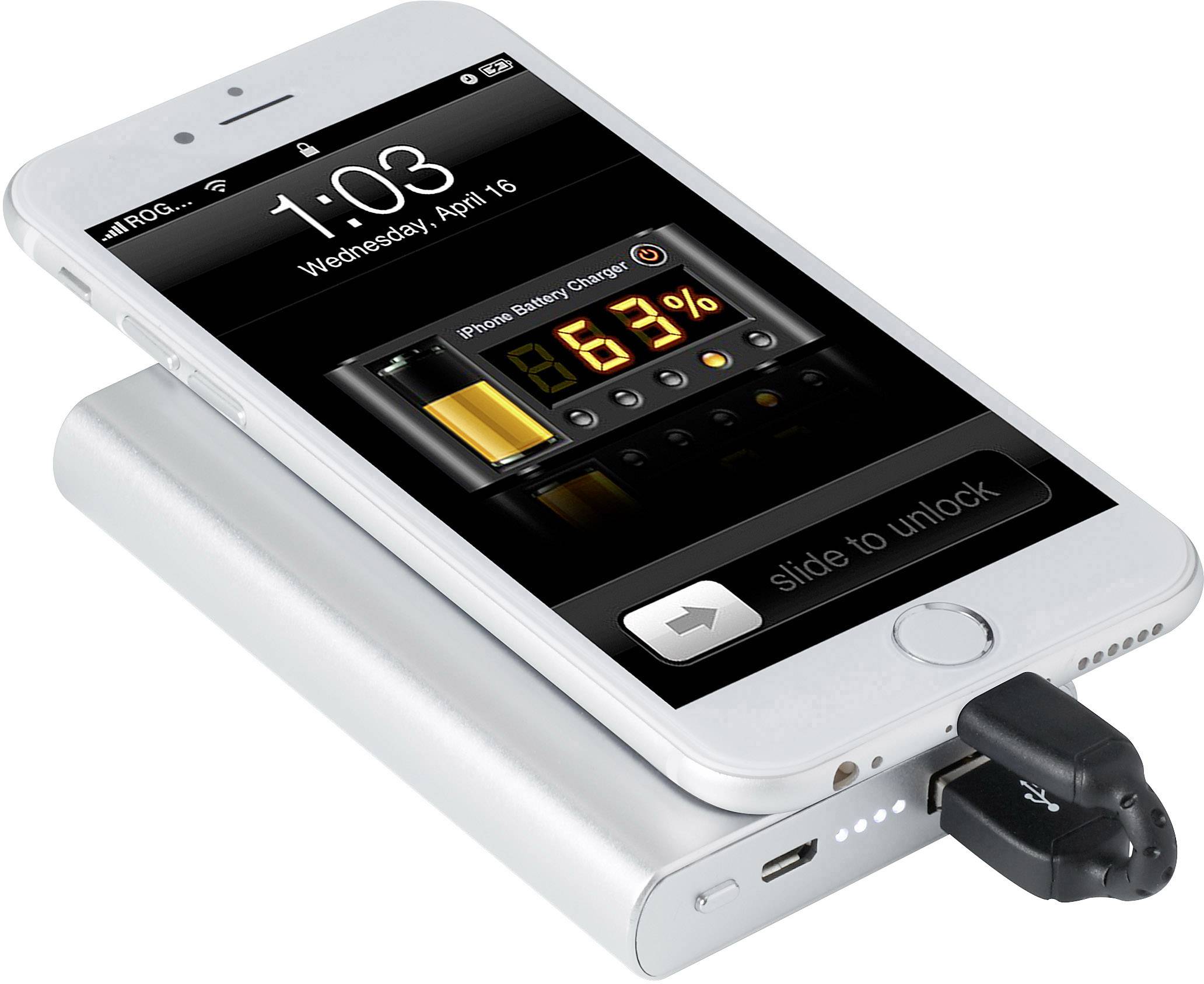 Mobilní telefon leží na powerbance a zobrazuje stav baterie 63 %. Na displeji je nápis 'slide to unlock'.