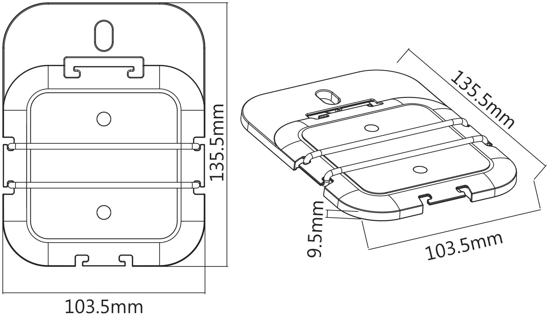 Technický výkres obdélníkového plastového pouzdra s rozměry: 103,5 x 135,5 mm, tloušťka 9,5 mm.