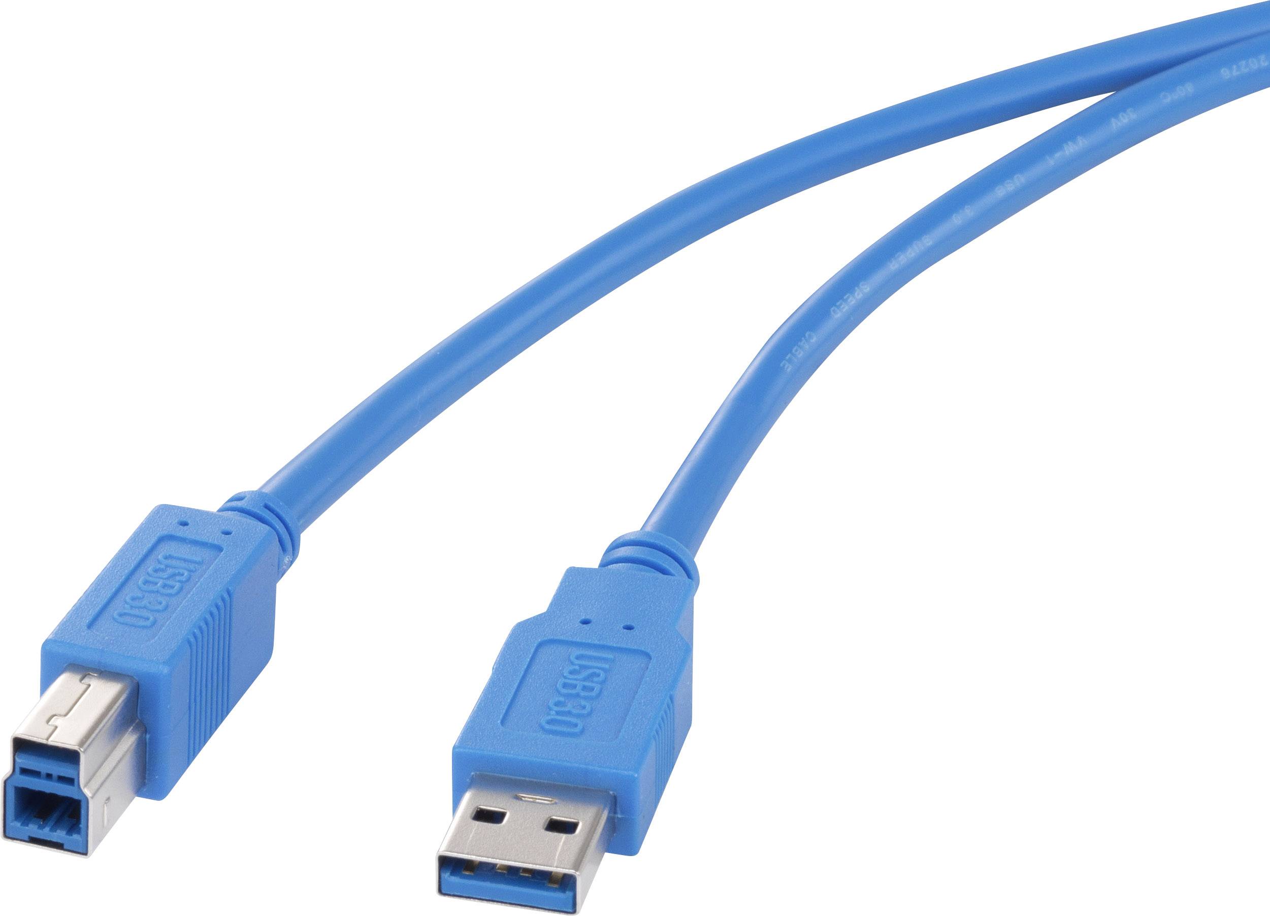 Dva modré USB kabely, jeden s USB-A konektorem a druhý s USB-B konektorem, určené k propojení zařízení a periferních zařízení.