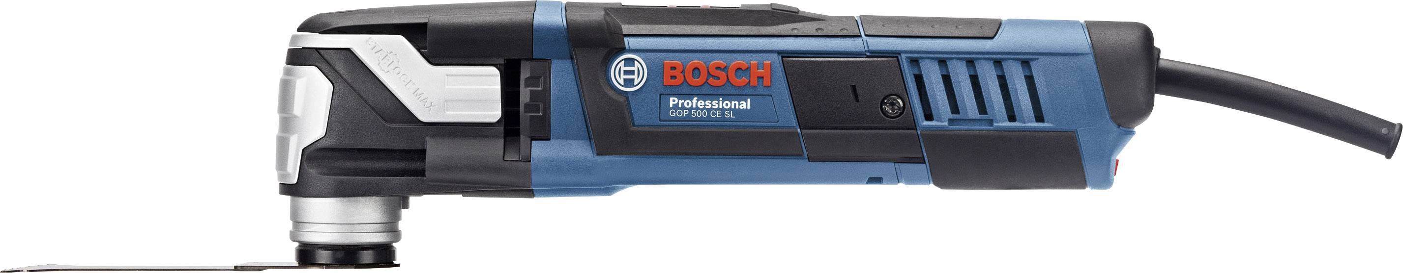 Modro-černý elektrický nástroj značky Bosch s kabelem, pravděpodobně multifunkční nářadí, umístěný před bílým pozadím.