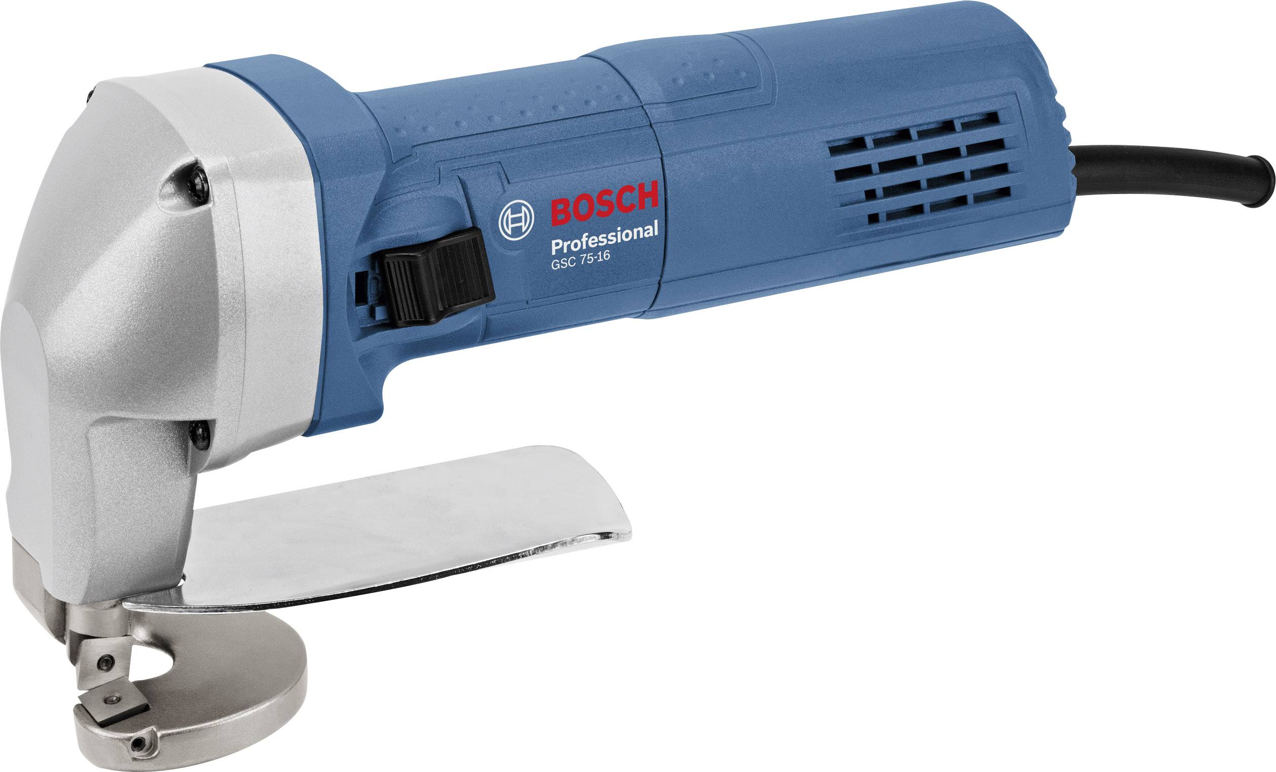 Elektrické nůžky na plech v modré barvě s šedou řezací hlavou, značka 'Bosch Professional', modelové číslo GSC 75-16.