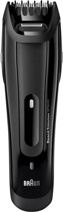 Elektrický zastřihovač vousů v černé barvě, s nástavcem a posuvným regulátorem pro nastavení délky. Ideální pro přesnou úpravu vousů.