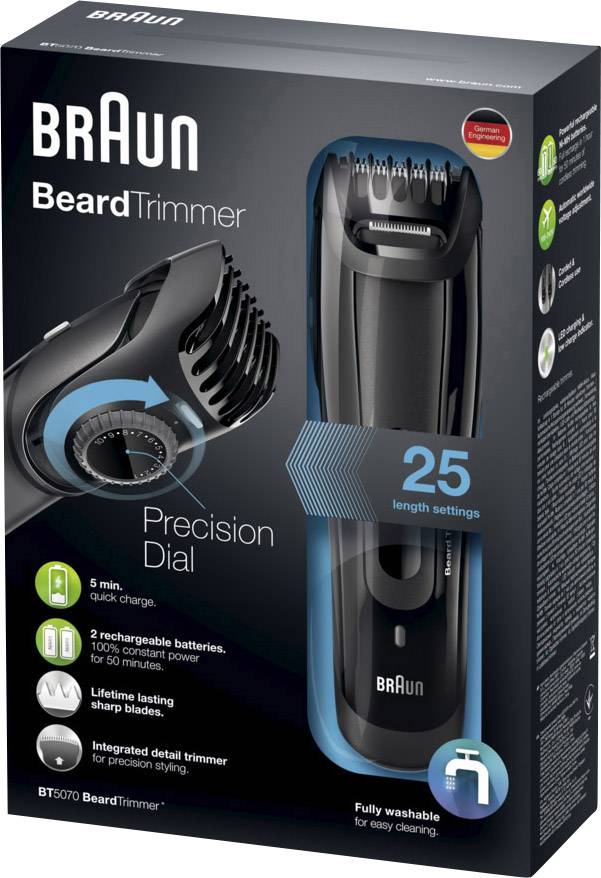 Obal zastřihovače vousů značky 'Braun'. Zobrazuje přístroj, zdůrazňuje 25 nastavení délky, přesnostní kolečko a snadné čištění.