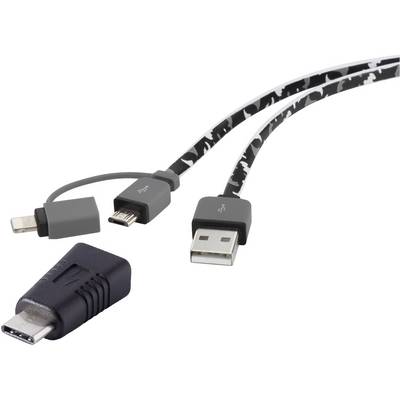Kabel s vícero konektory: Lightning, Micro-USB a USB-A. Vlevo dole adaptér USB-C. Vhodné pro různá zařízení.