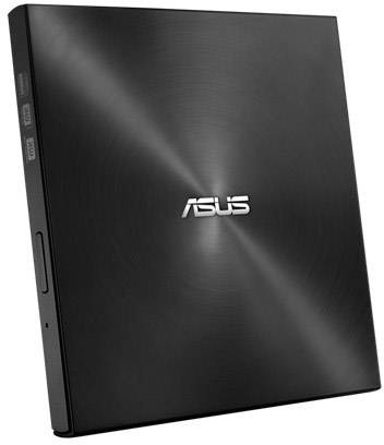 Externí DVD mechanika od ASUS v černém pouzdře se stříbrným logem uprostřed.