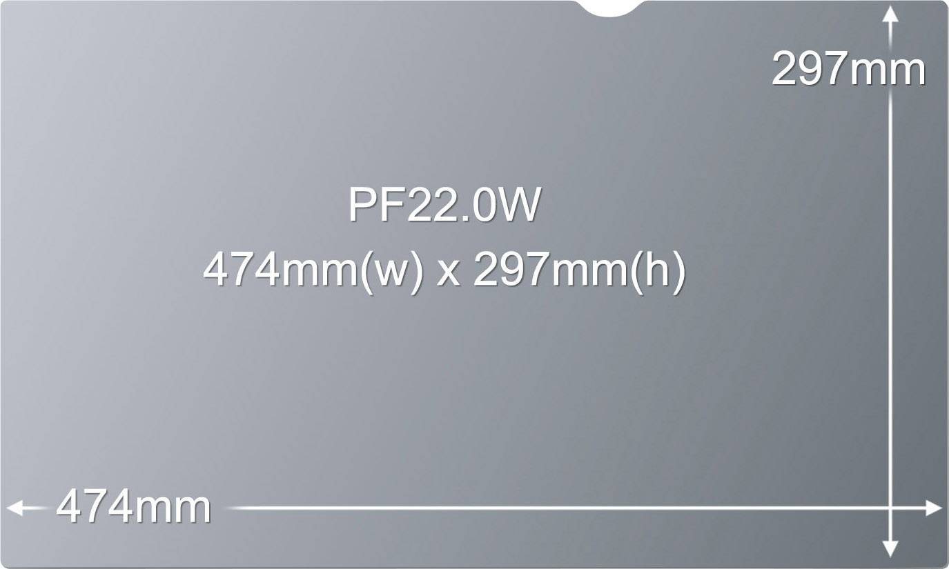 Šedý obdélník o rozměrech 474 mm šířky a 297 mm výšky, označený textem 'PF22.0W'.