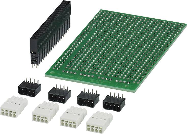 Zelená deska plošných spojů s rastrem, osazená černými a bílými konektory, vhodná pro elektronické obvody a vývoj prototypů.