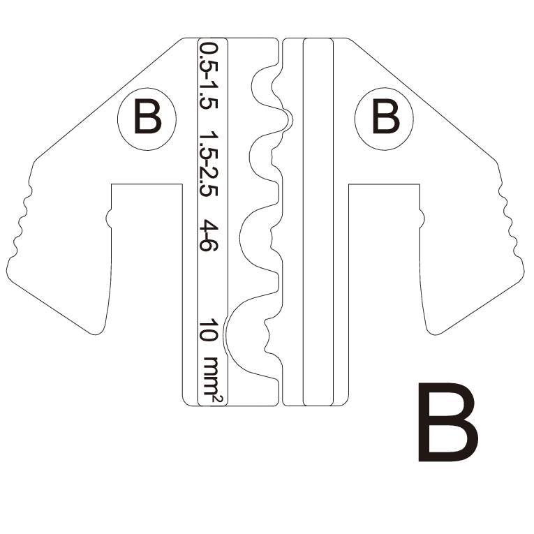 Technický výkres zobrazuje kovový nástroj s označeními '0,5-1,5 1,5-2,5 4,6 10 mm²' a písmenem 'B'.