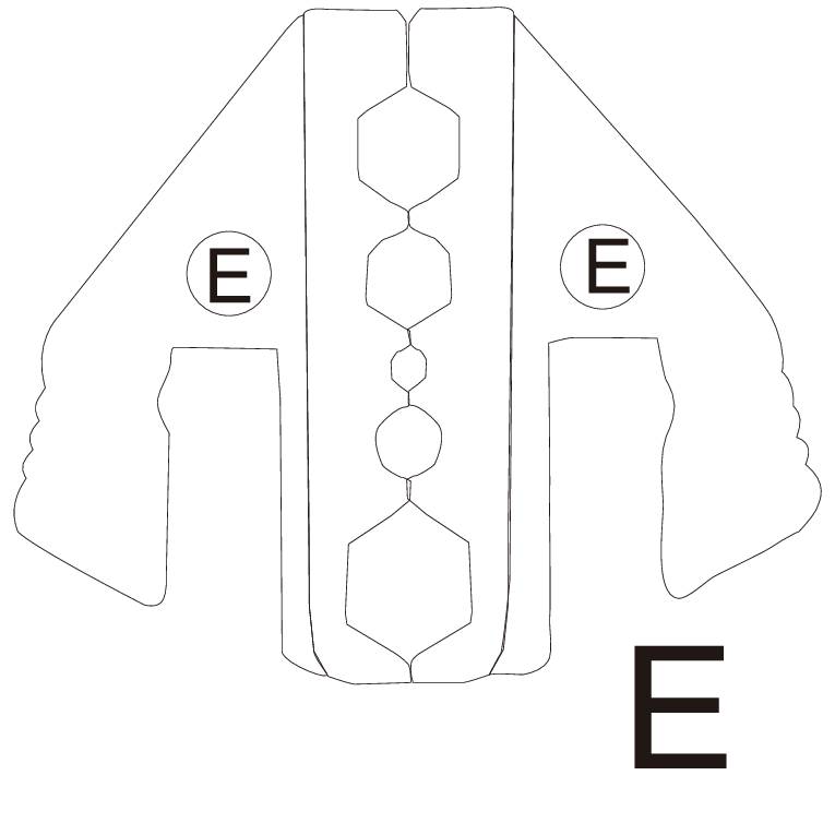 Schematický, minimalistický design letadla z pohledu shora se stylizovanými písmeny 'E' v šedé barvě na bílém pozadí.