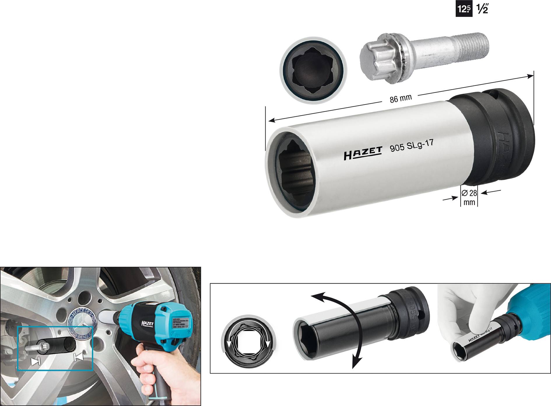 Obrázek nástrčného klíče Hazet 905 SLG-17. Zobrazuje detaily jako délku 86 mm, průměr 28 mm a použití na automobilových pneumatikách.