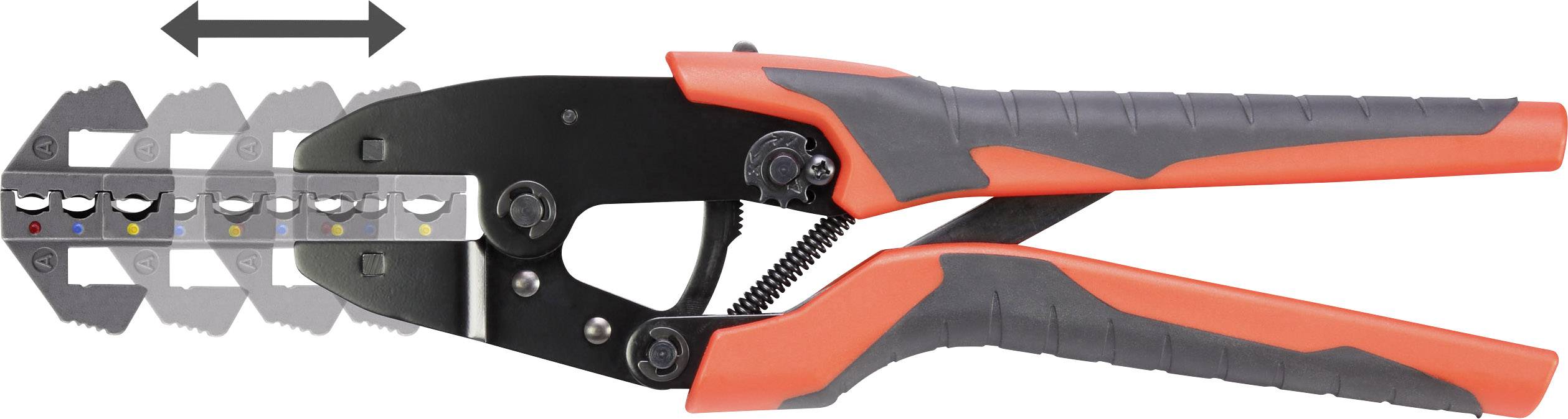 Odstraňovač izolace kabelů s více řezacími polohami, černým tělem a červenými rukojeťmi, znázorňující mechanismus pro nastavení šířky řezu.