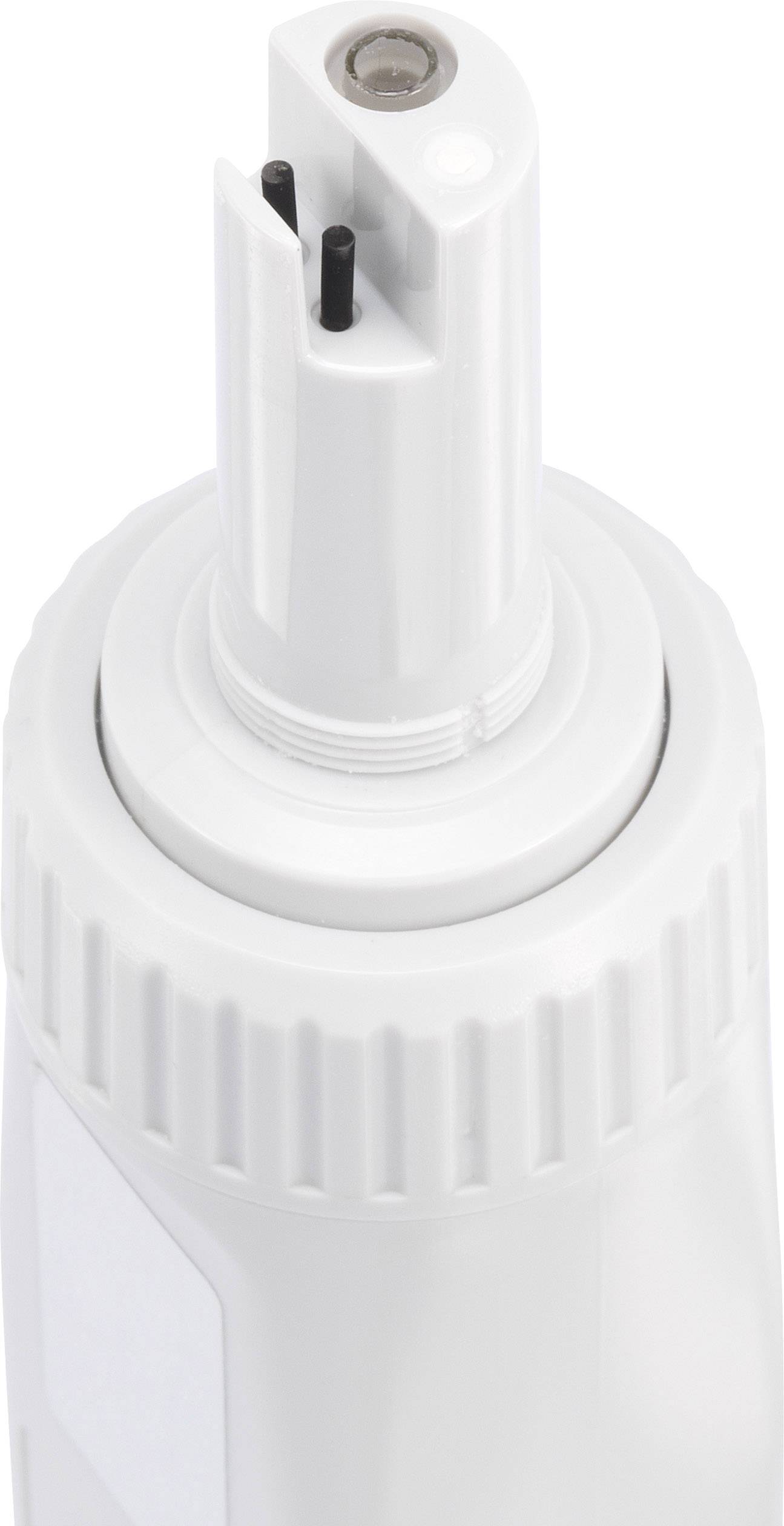 Bílý, válcový uzávěr se dvěma černými kolíky, pravděpodobně součást elektrického zařízení nebo patronové uzávěrky.