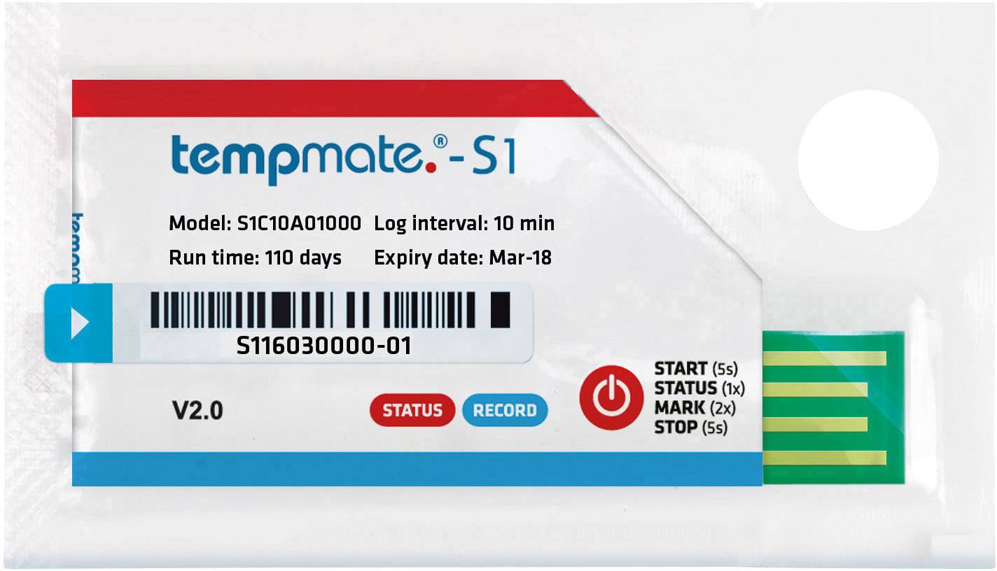 Datalogger 'tempmate.-S1' s modelovým číslem a sériovým číslem. Doba běhu: 110 dní. Datum expirace: březen 2018. Pozor: Prošlý.