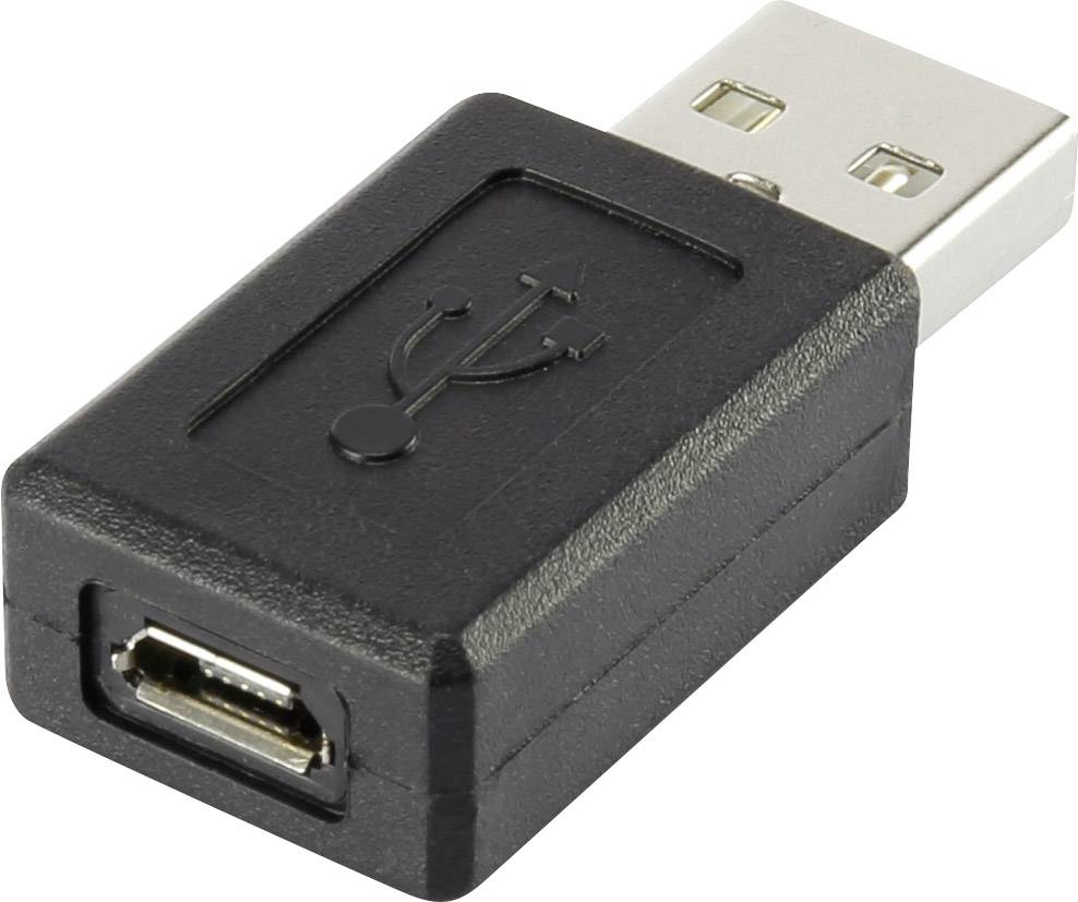 Černý USB adaptér z USB-A zástrčky na mini-USB zásuvku, vhodný pro připojení zařízení s různými konektory.