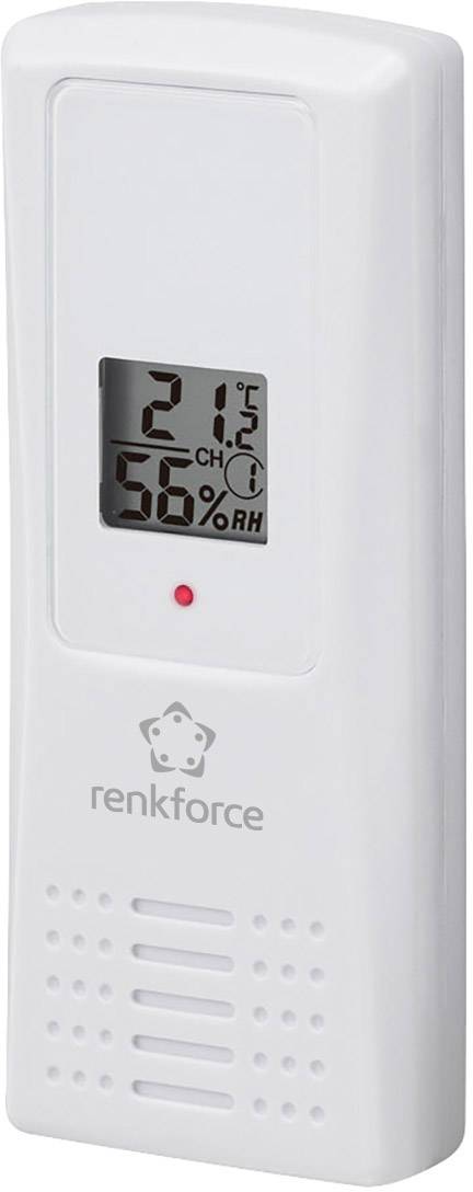 Bílý obdélníkový vlhkoměr s digitálním displejem zobrazuje '21,5°C' a '56% RV'. Pod ním je logo značky.