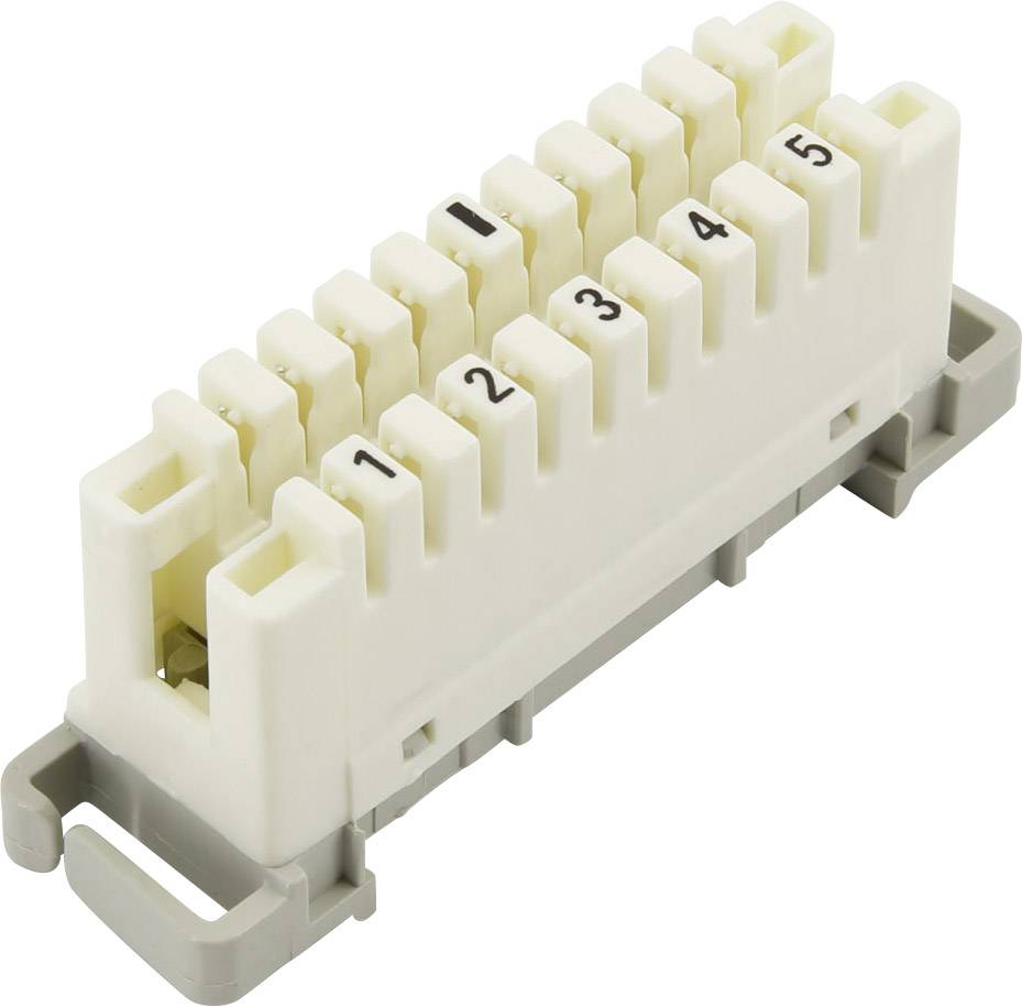 Bílý elektrický svorkovnicový blok s pěti očíslovanými místy, od 1 do 5, umístěný na šedém podstavci.