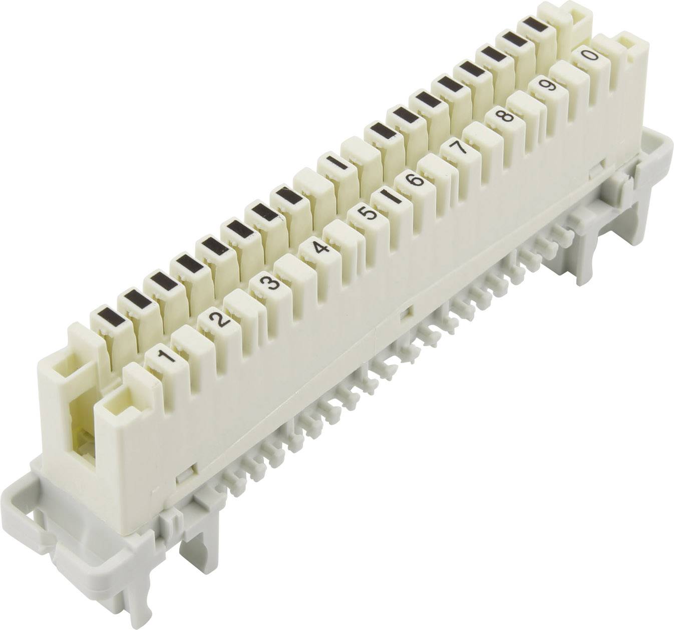 Bílá elektrická svorkovnice s očíslovanými svorkami od 0 do 9, vhodná pro elektroinstalace.