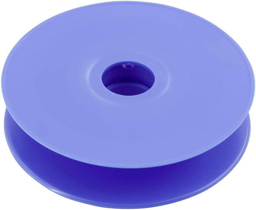 Modrá plastová cívka s centrálním otvorem, prázdná a ležící na povrchu.