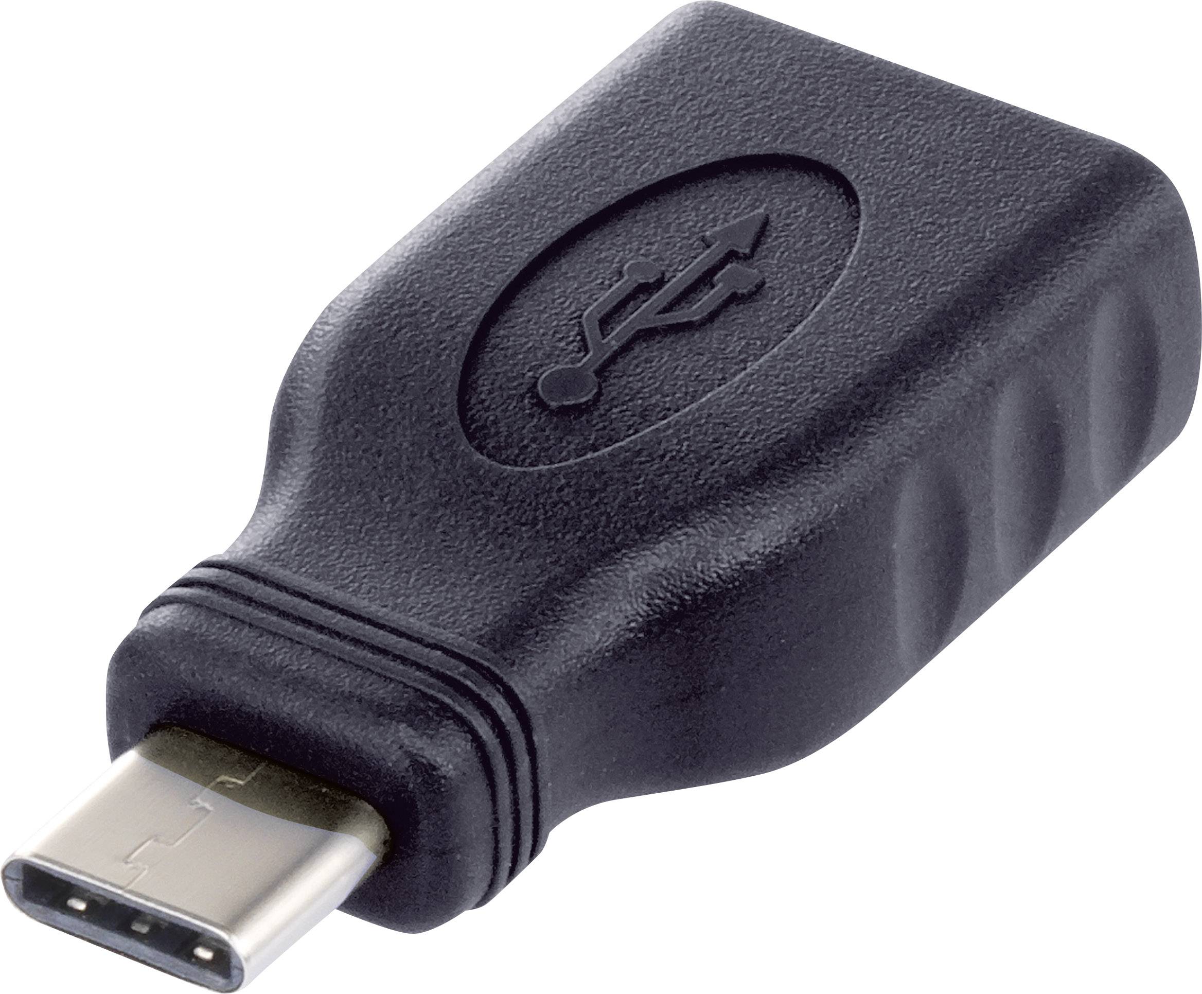 Černý USB adaptér s USB-C konektorem, vhodný pro připojení zařízení s různými typy USB.