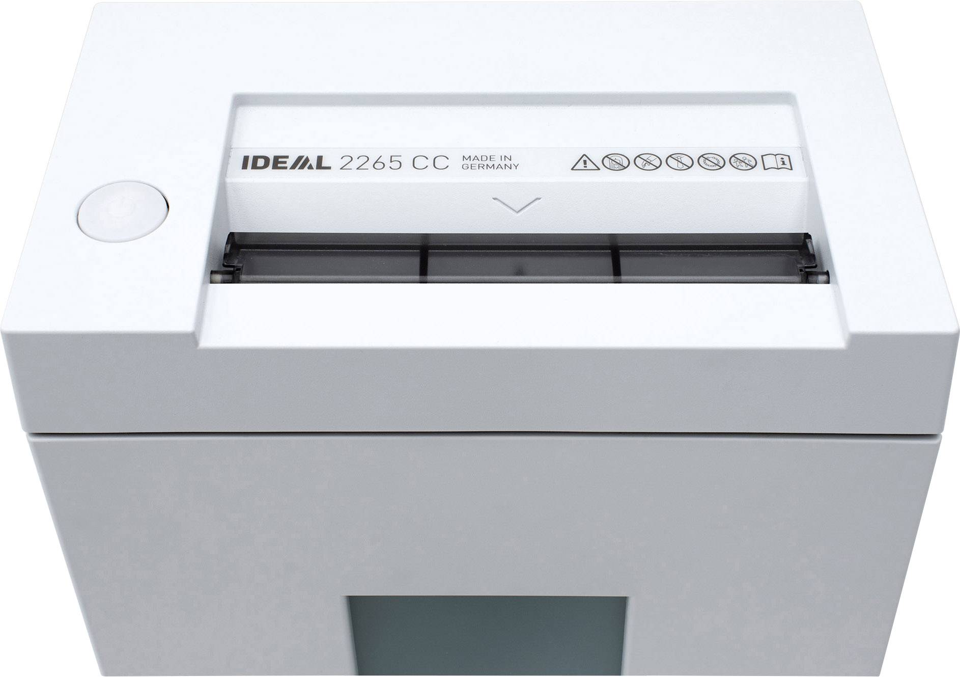 Bílý skartovací stroj s úzkým vstupním otvorem a ovládacími prvky; nápis nahoře: 'IDEAL 2265 CC'.