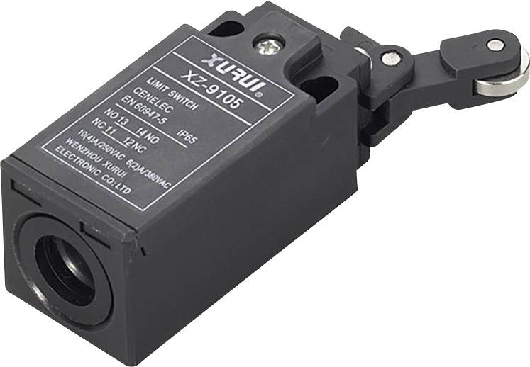 Černý koncový spínač s pákovým ovladačem, model XZ-9105, od společnosti Yuyue Electronic Co., Ltd. Pouzdro s etiketou a technickými specifikacemi.