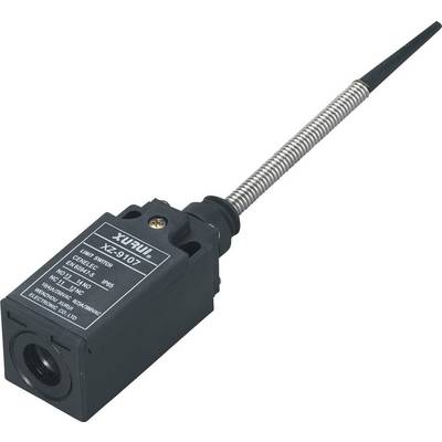 Elektrický koncový spínač s kovovým pérovým páčkovým ovladačem, černým tělem a technickými specifikacemi vytištěnými na přední straně.