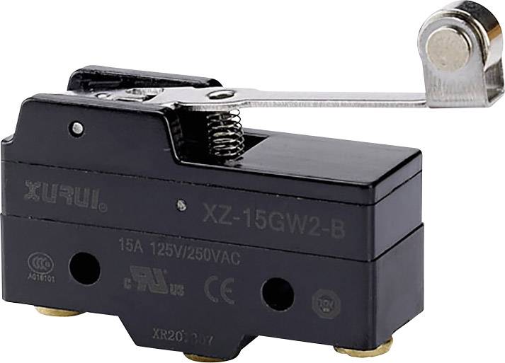 Černý mikrospínač s kovovým přepínačem a nápisem 'XZ-15GW2-B', vhodný pro 15A a napětí 125/250V.
